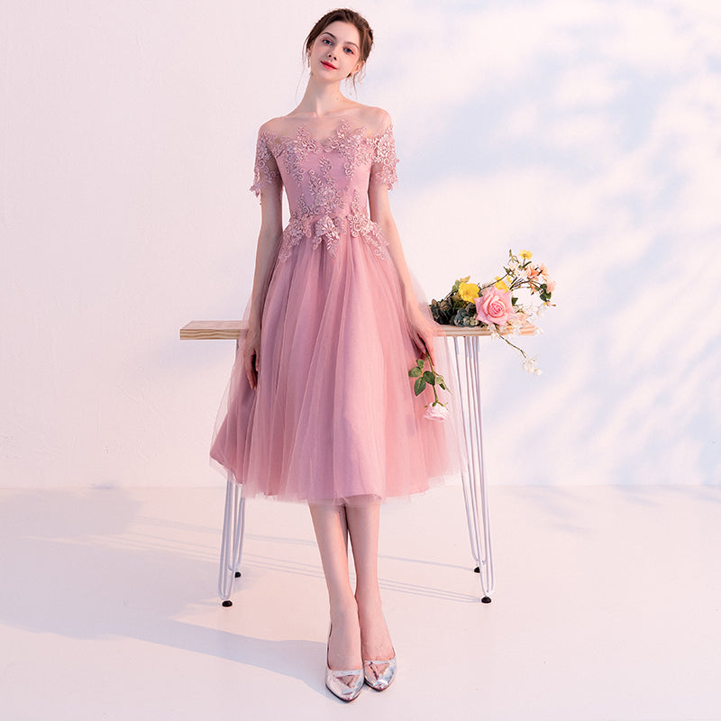 Pink Short Tulle with Lace Off Shoulder Wedding Party Dresses, Pink Sh Cutedressy Pink Short Tulle with Lace Off Shoulder Wedding Party Dresses, Pink Sh Cutedressy