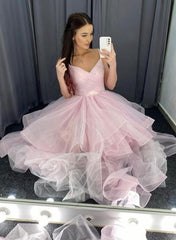 Pink Straps V-neckline Tulle Long Layers Prom Dresses Party Dress, Pink Tulle Formal Dress