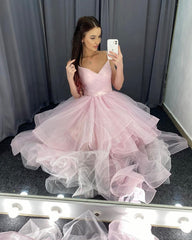 Pink Straps V-neckline Tulle Long Layers Prom Dresses Party Dress, Pink Tulle Formal Dress