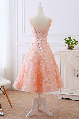 Pretty Pink Tea Length Flower Lace Wedding Party Drses, Pink Lace Formal Dress Prom Dress