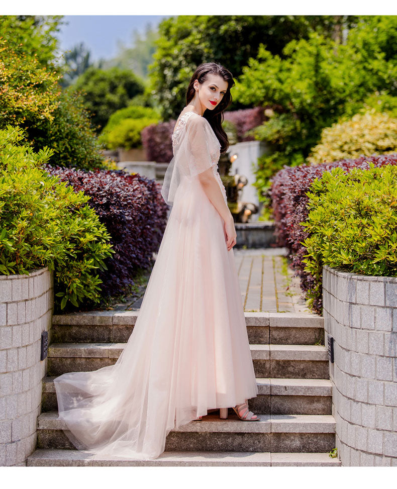 Pink Tulle Flower Lace V-neckline Floor Length Party Dresses, Lovely Pink Prom Dress