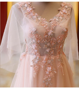 Pink Tulle Flower Lace V-neckline Floor Length Party Dresses, Lovely Pink Prom Dress