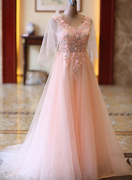 Pink Tulle Flower Lace V-neckline Floor Length Party Dresses, Lovely Pink Prom Dress