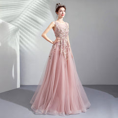 Pink Tulle Flowers V-neckline Long Formal Gown, Lovely Pink Tulle Prom Dress Party Dress