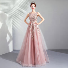 Pink Tulle Flowers V-neckline Long Formal Gown, Lovely Pink Tulle Prom Dress Party Dress