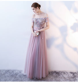 Pink Tulle Flowers and Beaded Long Off Shoulder Prom Dress, A-line Pink Party Dress