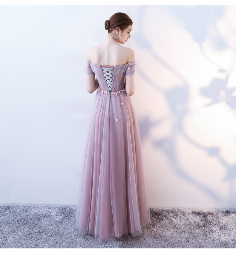 Pink Floral Tulle Beaded A-line Prom Dress main image 0