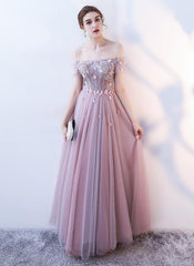 Pink Tulle Flowers and Beaded Long Off Shoulder Prom Dress, A-line Pink Party Dress