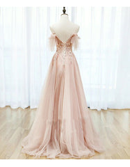 Pink Tulle Lace Applique Flowers Off Shoulder Long Party Dress, Pink A-line Prom Dress
