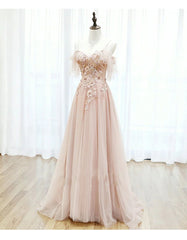Pink Tulle Lace Applique Flowers Off Shoulder Long Party Dress, Pink A-line Prom Dress
