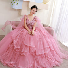 Pink Tulle Floral Appliques Ball Gown Sweet 16 Dress Y527