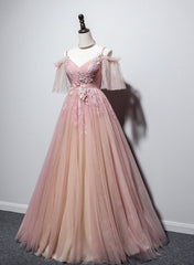 Pink Tulle V-neckline Off Shouler Chic Long Party Dress, Pink Formal Dress