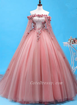Pink Tulle with Flowers Long Formal Dresses Party Dress, Ball Gown Sweet 16 Dresses