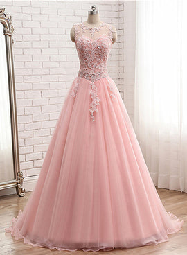 Pink Tulle with Lace Applique Ball Gown Open Back Evening Gown, Pink Formal Dress