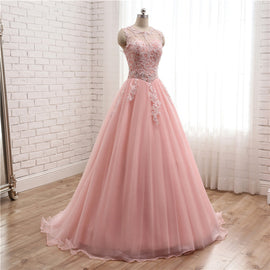 Pink Tulle with Lace Applique Ball Gown Open Back Evening Gown, Pink Formal Dress