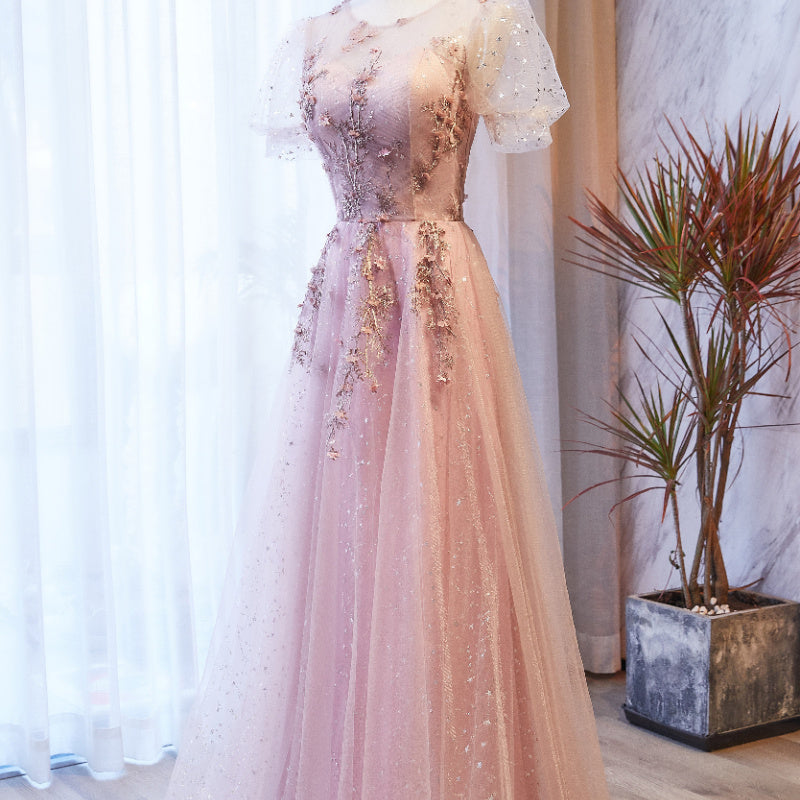Pink Tulle with Puffy Sleeves Floral Long Evening Dress, Pink Long Party Dress Formal Dresses