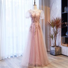 Pink Tulle with Puffy Sleeves Floral Long Evening Dress, Pink Long Party Dress Formal Dresses