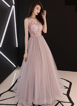 Pink V-neckline Beaded Tulle with Lace Floor Length Party Dress, Pink Evening Dresses