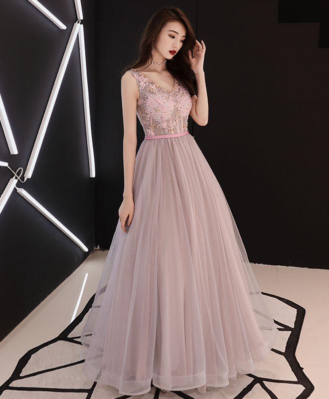 Pink V-neckline Beaded Tulle with Lace Floor Length Party Dress, Pink Evening Dresses