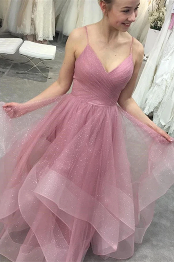 Pink V-neckline Tulle Straps Floor Length Party Dress, Pink Tulle Evening Dress Prom Dress