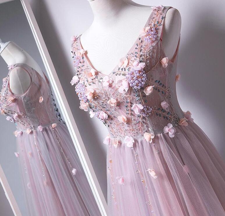 junior party dresses pink Pink V-neckline Tulle with Flowers Beaded Long Party Dress, Junior Pro Cutedressy