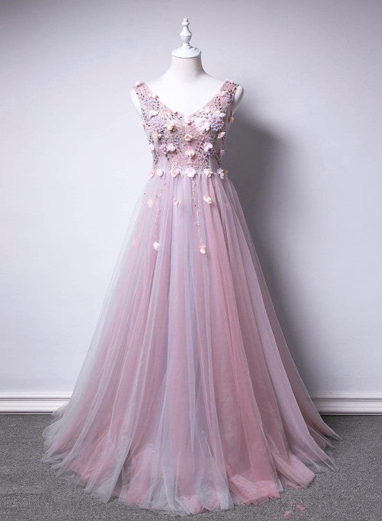 Pink V-neckline Tulle with Flowers Beaded Long Party Dress, Junior Prom Dresses