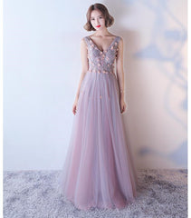 Pink V-neckline Tulle with Flowers Beaded Long Party Dress, Junior Prom Dresses