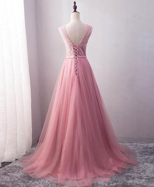 Pink Stunning Tulle Beaded Long Party Gown, Pink Formal Dress , Party Dresses