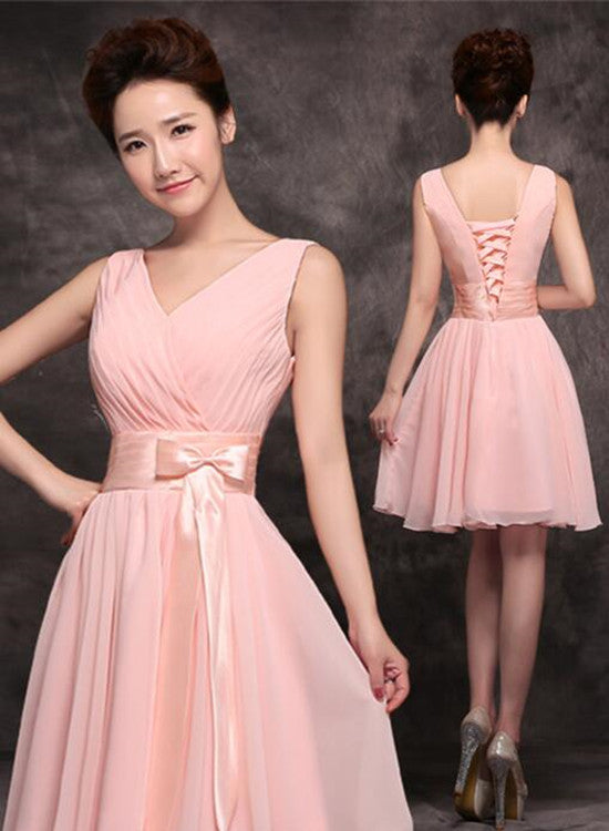 Lovely Pink Party Dress with Bow, Chiffon Cute Formal Dress, Simple Party Dress