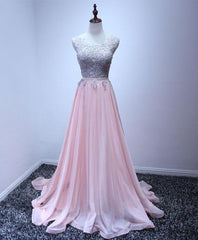 Pink Chiffon Party Dress with Grey Lace Applique, Lovely Pink Party Dresses, Pink Evening Gowns