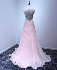 Pink Chiffon Party Dress with Grey Lace Applique, Lovely Pink Party Dresses, Pink Evening Gowns