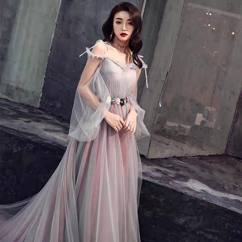 Pink and Grey Tulle Puffy Sleeves Formal Dress with Flowers, A-line Tu ...
