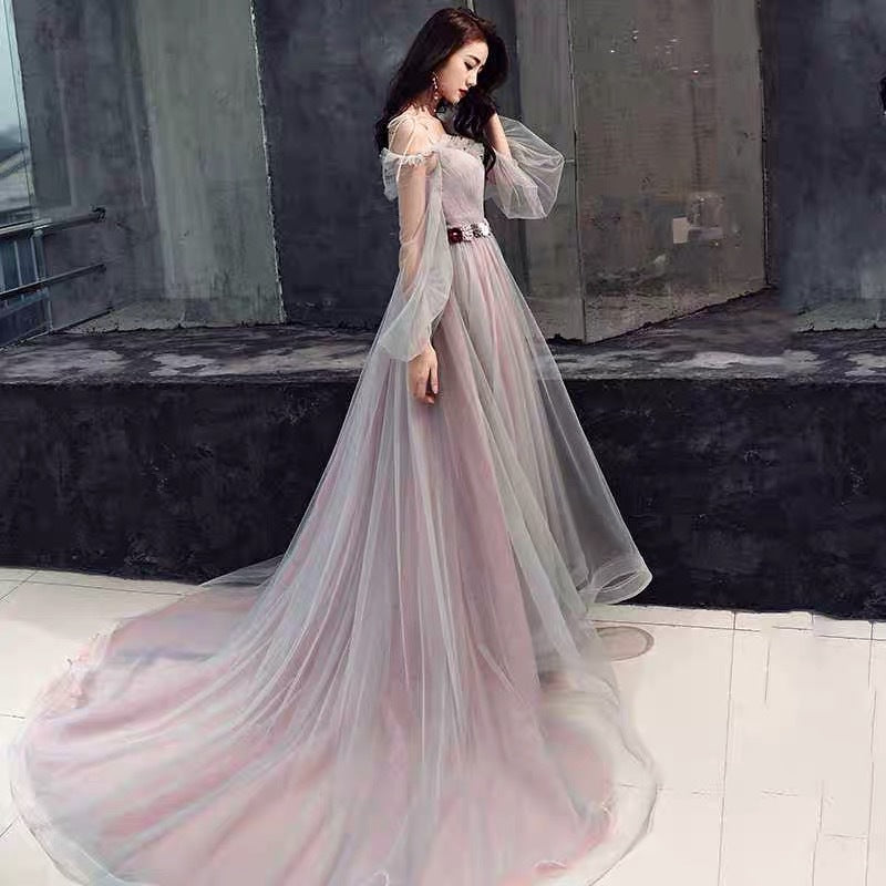 Pink and Grey Tulle Puffy Sleeves Formal Dress with Flowers, A-line Tulle Party Dresses