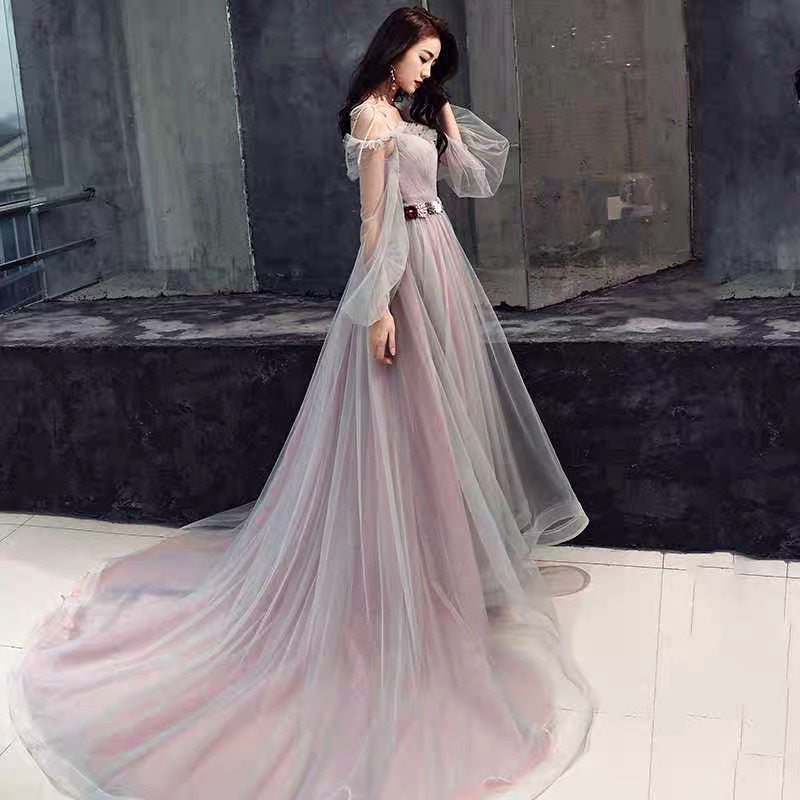 Pink and Grey Tulle Puffy Sleeves Formal Dress with Flowers, A-line Tu – Cutedressy Pink and Grey Tulle Puffy Sleeves Formal Dress with Flowers, A-line Tu – Cutedressy