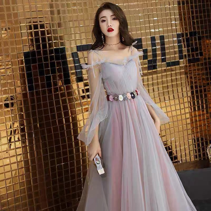 Pink and Grey Tulle Puffy Sleeves Formal Dress with Flowers, A-line Tulle Party Dresses