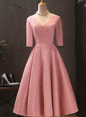 Pink V-neckline Lace Short Sleeves Tea Length Wedding Party Dress, Short Prom Dress