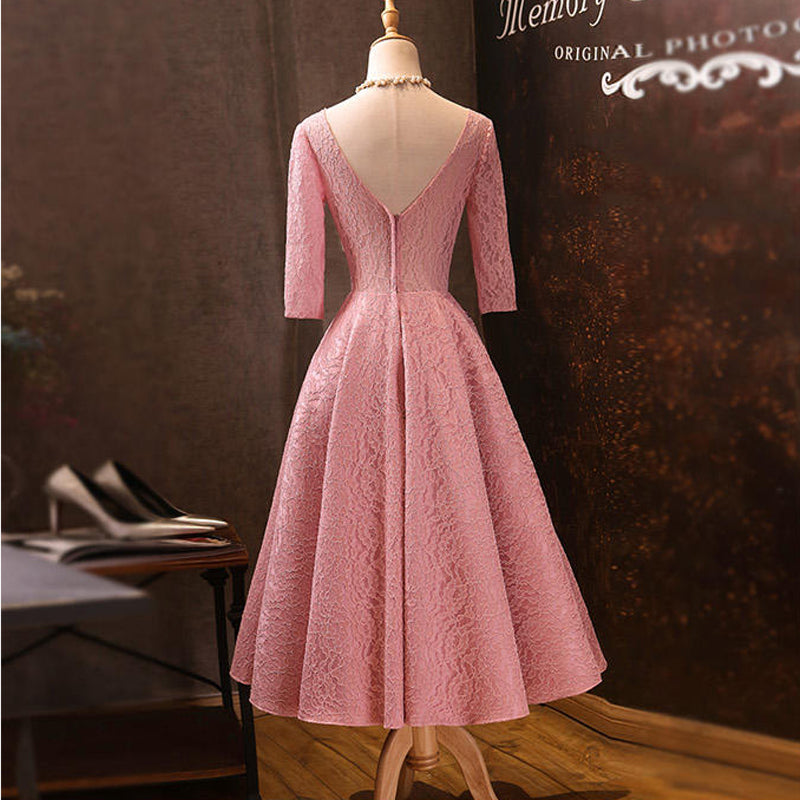 Pink V-neckline Lace Short Sleeves Tea Length Wedding Party Dress, Sho Cutedressy Pink V-neckline Lace Short Sleeves Tea Length Wedding Party Dress, Sho Cutedressy
