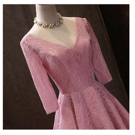 Pink V-neckline Lace Short Sleeves Tea Length Wedding Party Dress, Short Prom Dress
