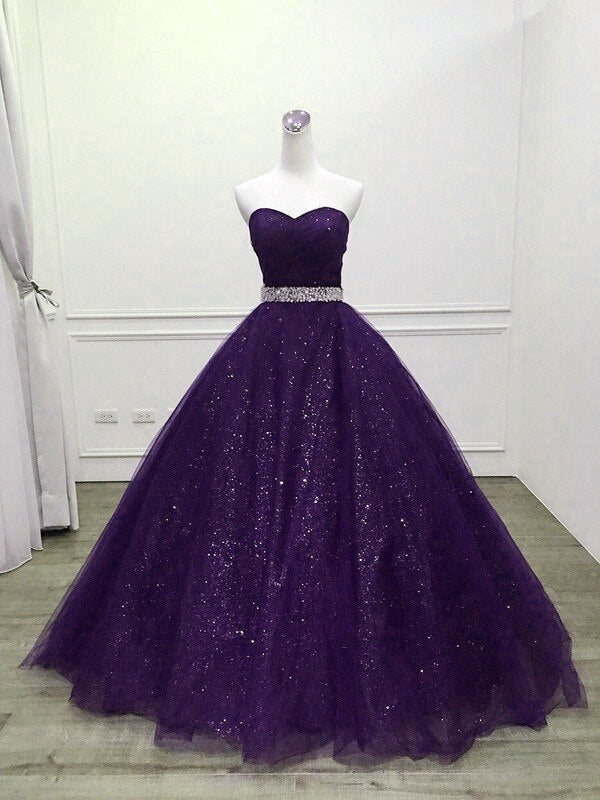 Purple Gorgeous Shiny Tulle Beaded Sweetheart Ball Gown Formal Dresses, Purple Sweet 16 Dresses