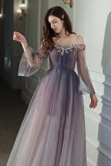 Purple Gradient Tulle Long Sleeves Straps Prom Dress Party Dress, A-line Tulle Formal Dresses