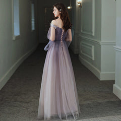 Purple Gradient Tulle Long Sleeves Straps Prom Dress Party Dress, A-line Tulle Formal Dresses