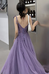 Purple Lace V-neckline Tulle Straps Low Back Tulle Party Dresses, Purple A-line Evening Dresses