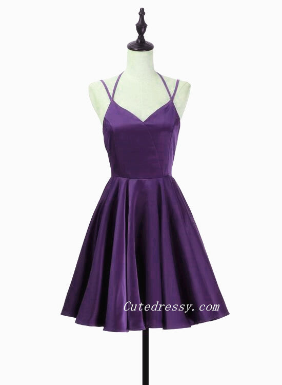 Purple Lovely Straps Short Party Dress Homecoming Dress, Purple Short Prom Dress