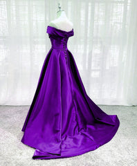 Purple Satin Sweetheart Long Party Dress Prom Dress, Off Shoulder Purple Evening Dress