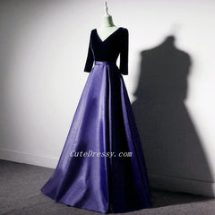Purple Satin with Velvet Long Party Dress Formal Dress, Purple Evening Dresses