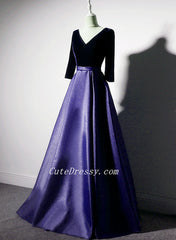 Purple Satin with Velvet Long Party Dress Formal Dress, Purple Evening Dresses
