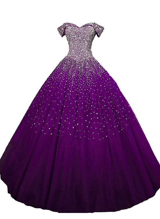 Purple Sequins Off Shoulder Ball Gown Sweet 16 Gown, Lace-up Tulle Purple Formal Dresses