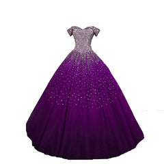 Purple Sequins Off Shoulder Ball Gown Sweet 16 Gown, Lace-up Tulle Purple Formal Dresses