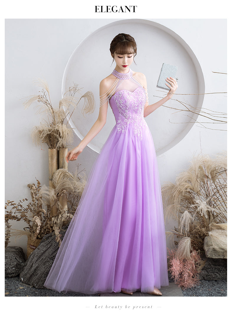 Purple Tulle Beaded Floor Length A-line Prom Dress, Long Evening Dress Party Dress