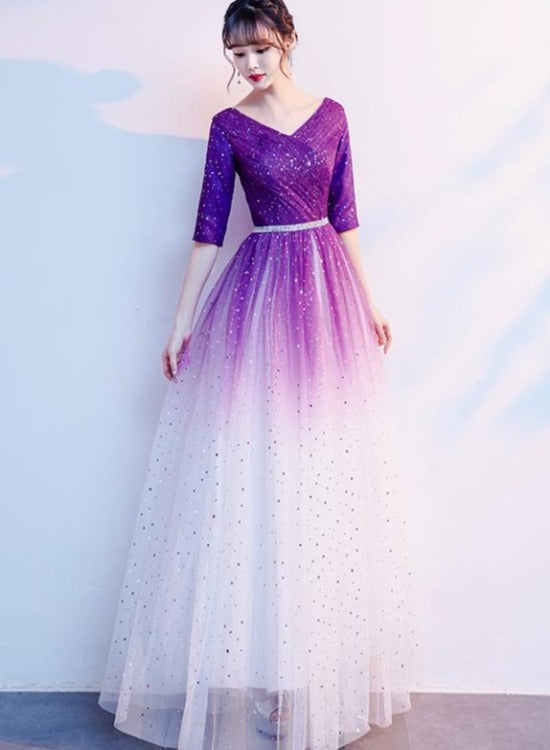 Gradient Purple and White V-neckline Short Sleeves Party Dresses, A-line Floor Length Bridesmaid Dress